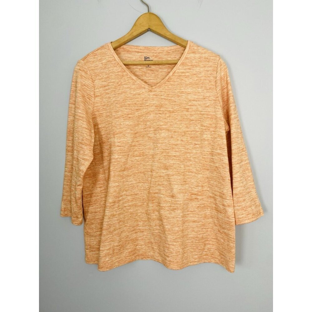 Kim Rogers Perfectly Soft Tee Women Med 3/4 Sleeve Crew Orange V Neck Space Dyed